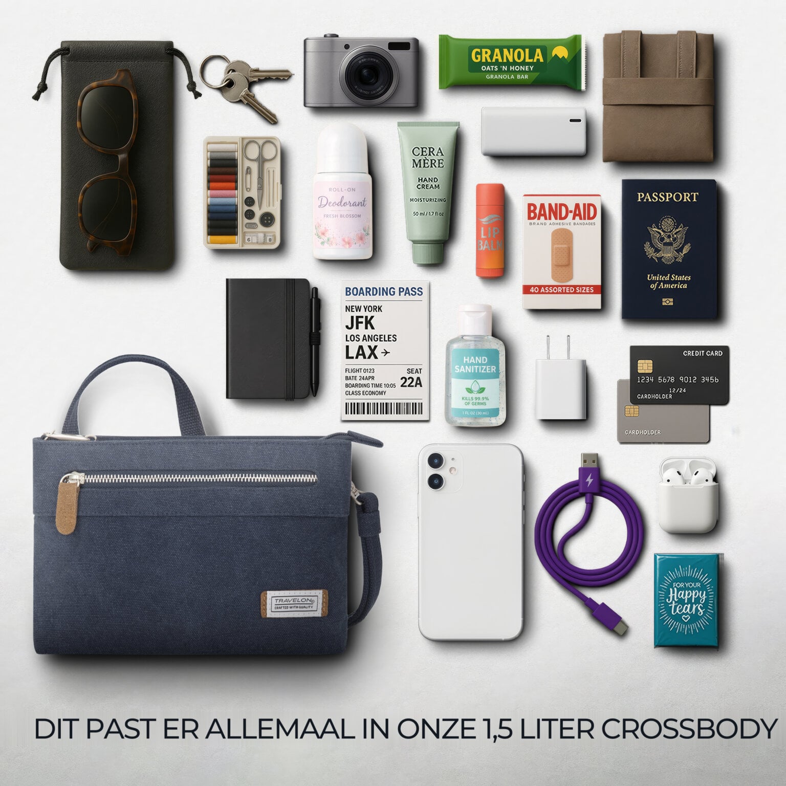 Overzicht van alles wat in de 1,5 liter Travelon Heritage clutch past