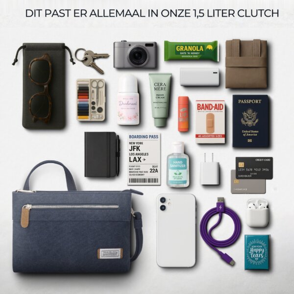 Overzicht van alles wat in de 1,5 liter Travelon Heritage clutch past