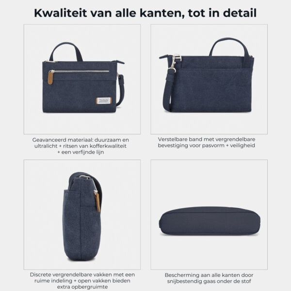 Kwaliteit en details van de Travelon Heritage clutch van alle kanten