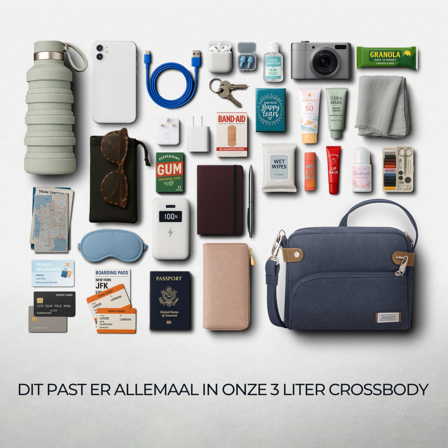 Overzicht van alles wat in de 3 liter Travelon Heritage crossbody tas past