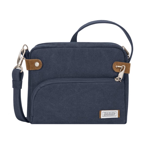 Vooraanzicht van de Travelon Heritage crossbody tas in indigo