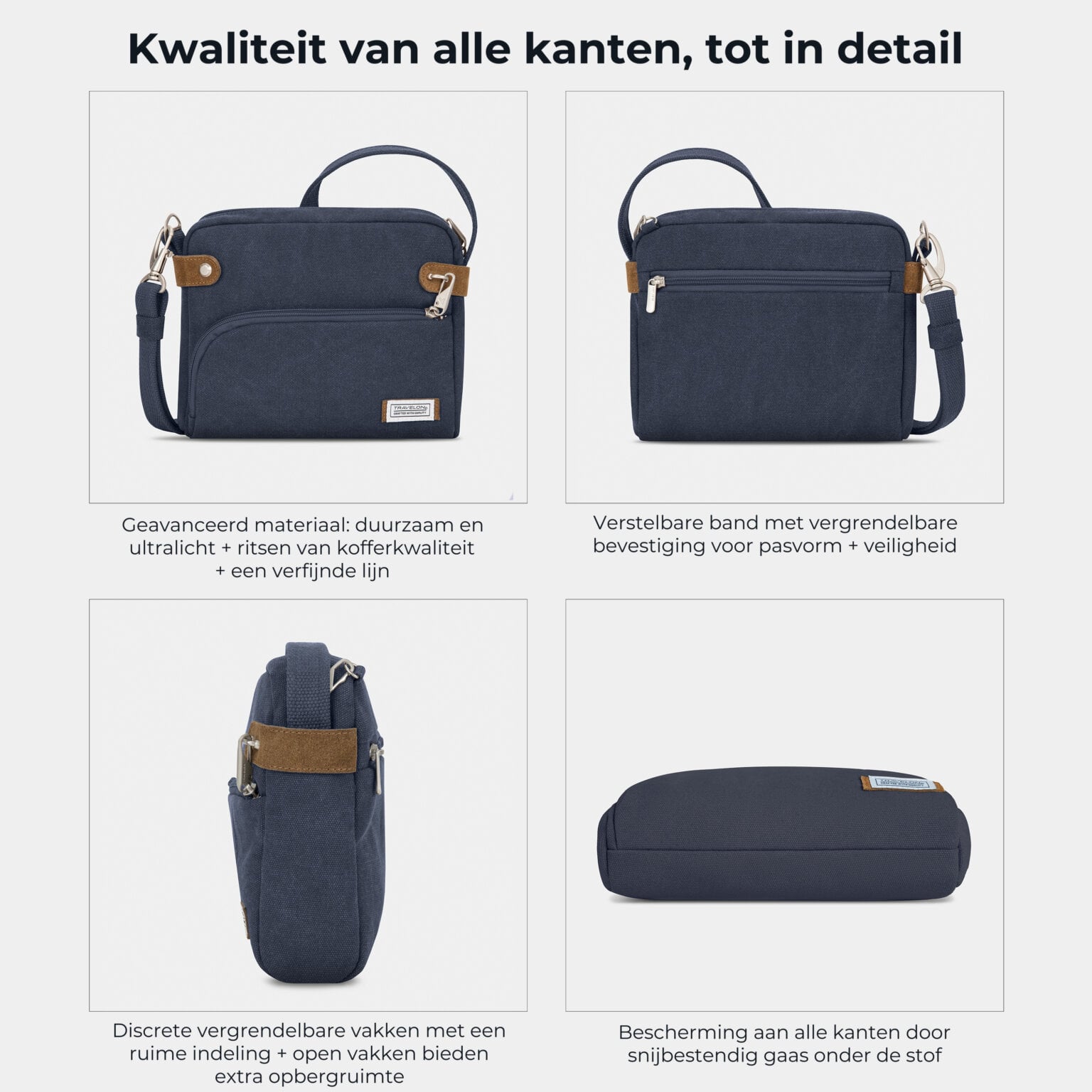 Kwaliteit en details van de Travelon Heritage crossbody tas van alle kanten