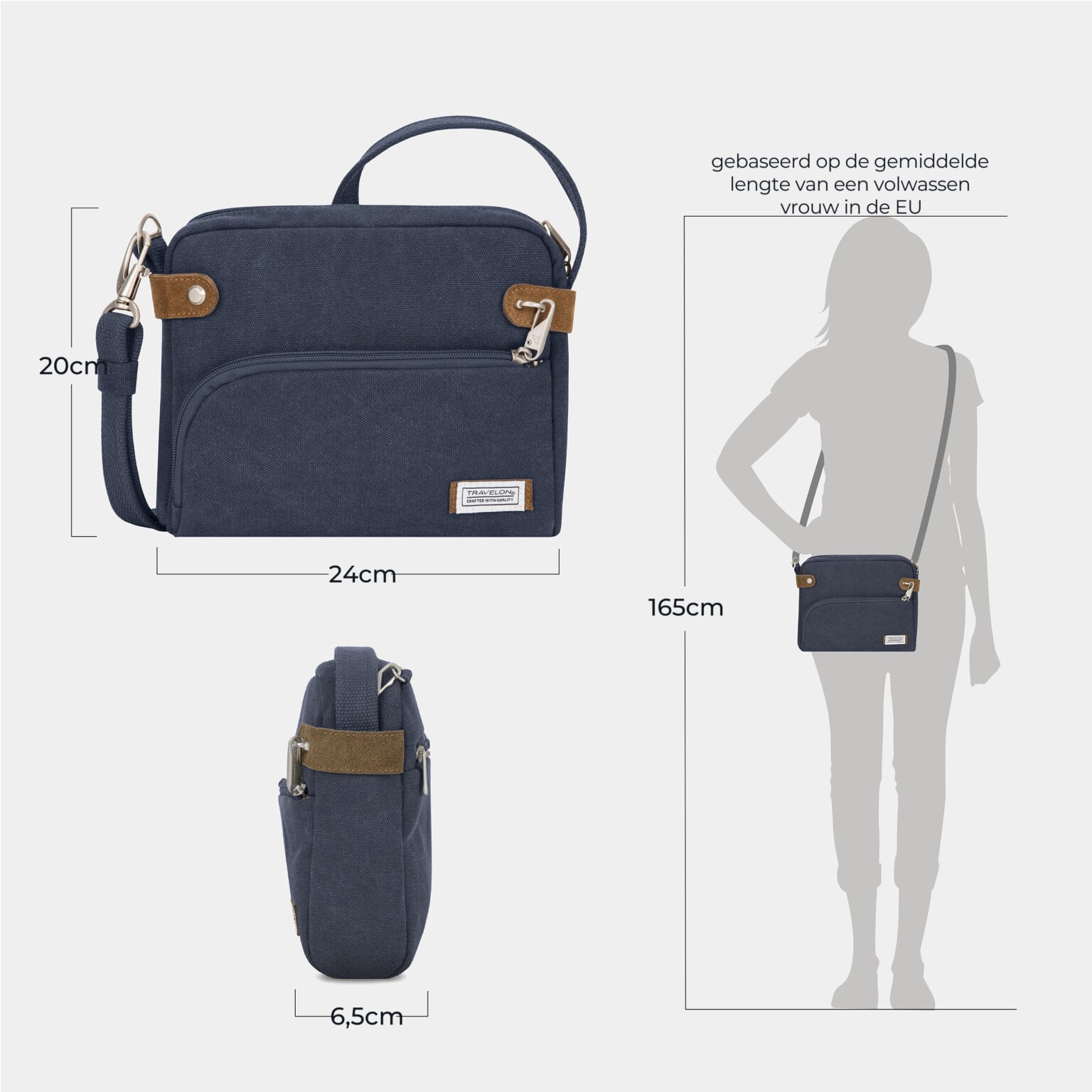 Maattekening van de Travelon Heritage Crossbody Tas met de afmetingen in centimeters