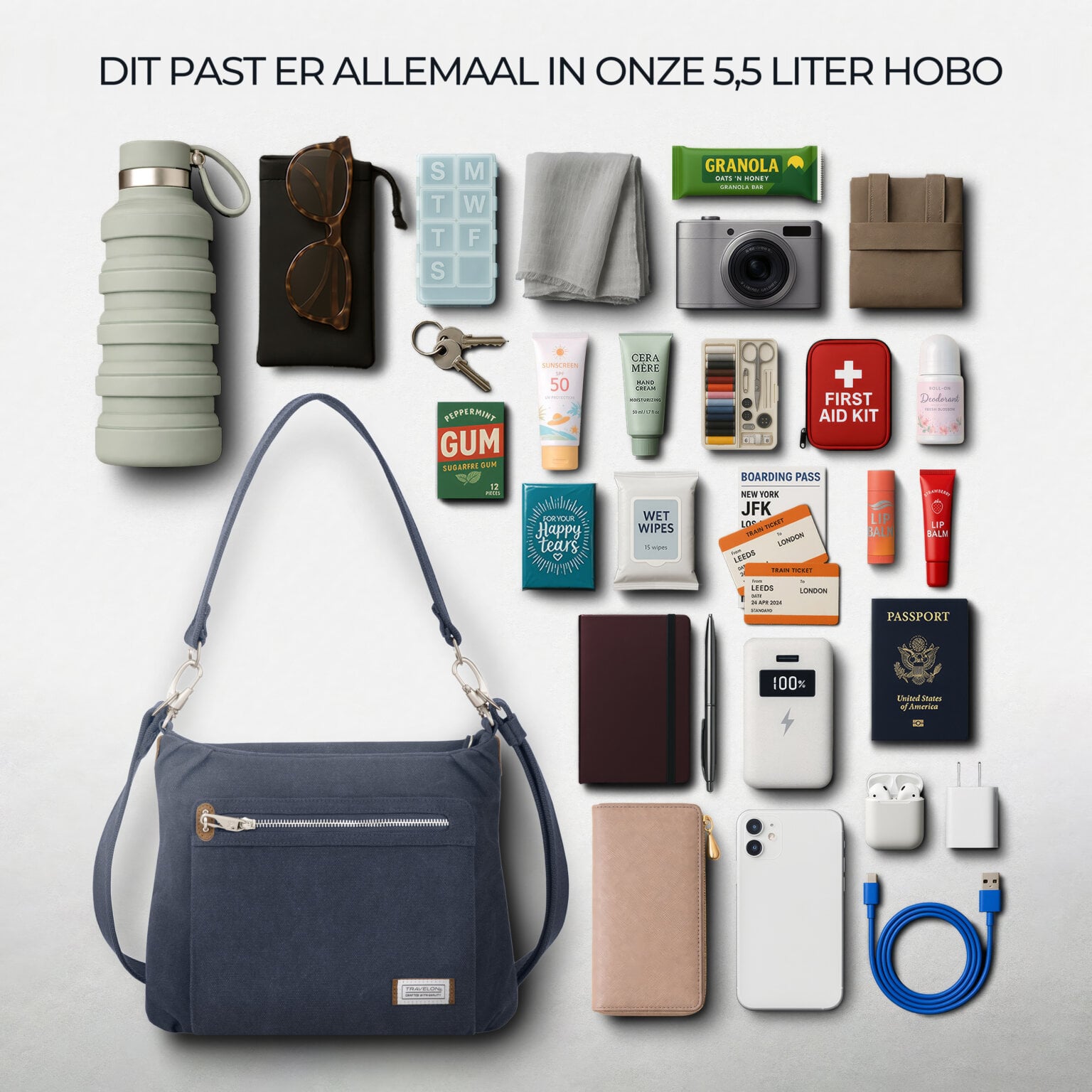 Overzicht van alles wat in de 5,5 liter Travelon Heritage hobo tas past