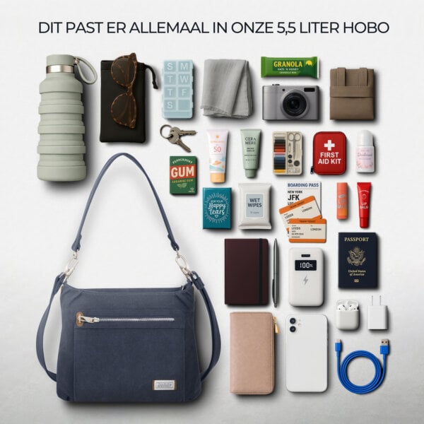 Overzicht van alles wat in de 5,5 liter Travelon Heritage hobo tas past