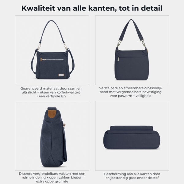 Kwaliteit en details van de Travelon Heritage hobo tas van alle kanten