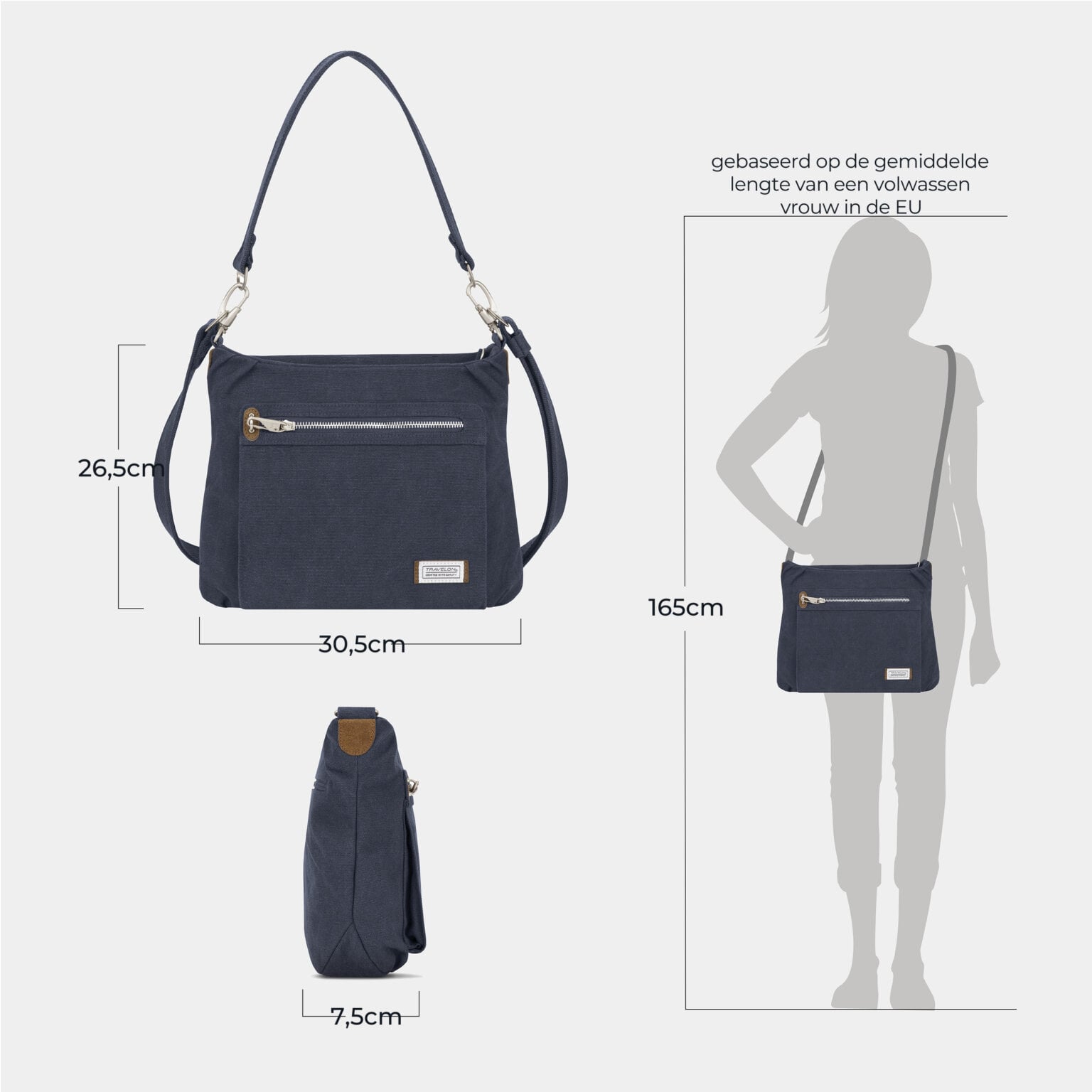 Maattekening van de Travelon Heritage Hobo Tas met de afmetingen in centimeters