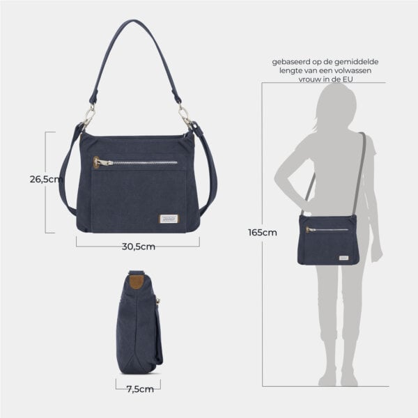 Maattekening van de Travelon Heritage Hobo Tas met de afmetingen in centimeters