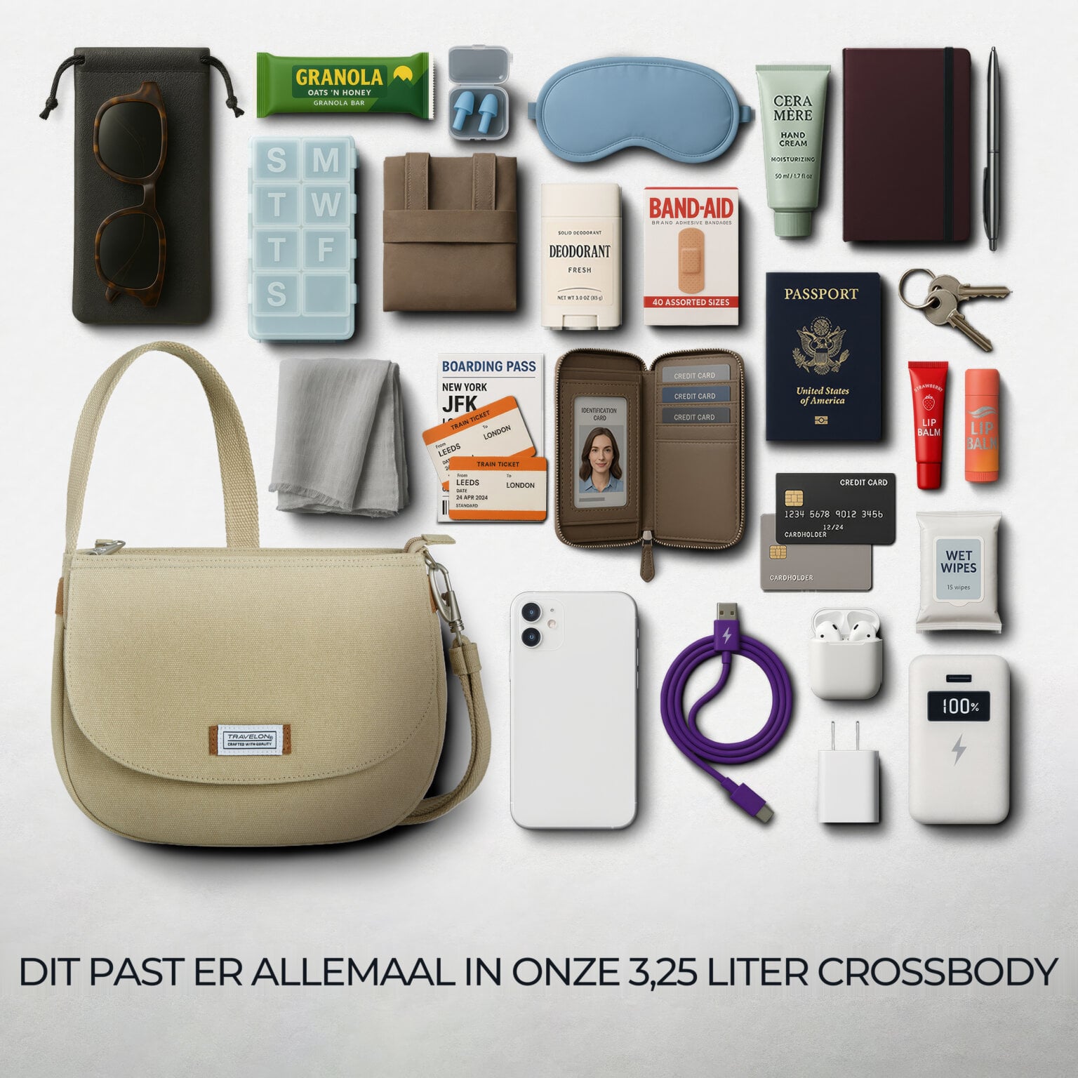 Overzicht van alles wat in de 3,25 liter Travelon Heritage saddle crossbody past