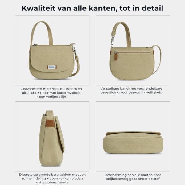Kwaliteit en details van de Travelon Heritage saddle crossbody van alle kanten