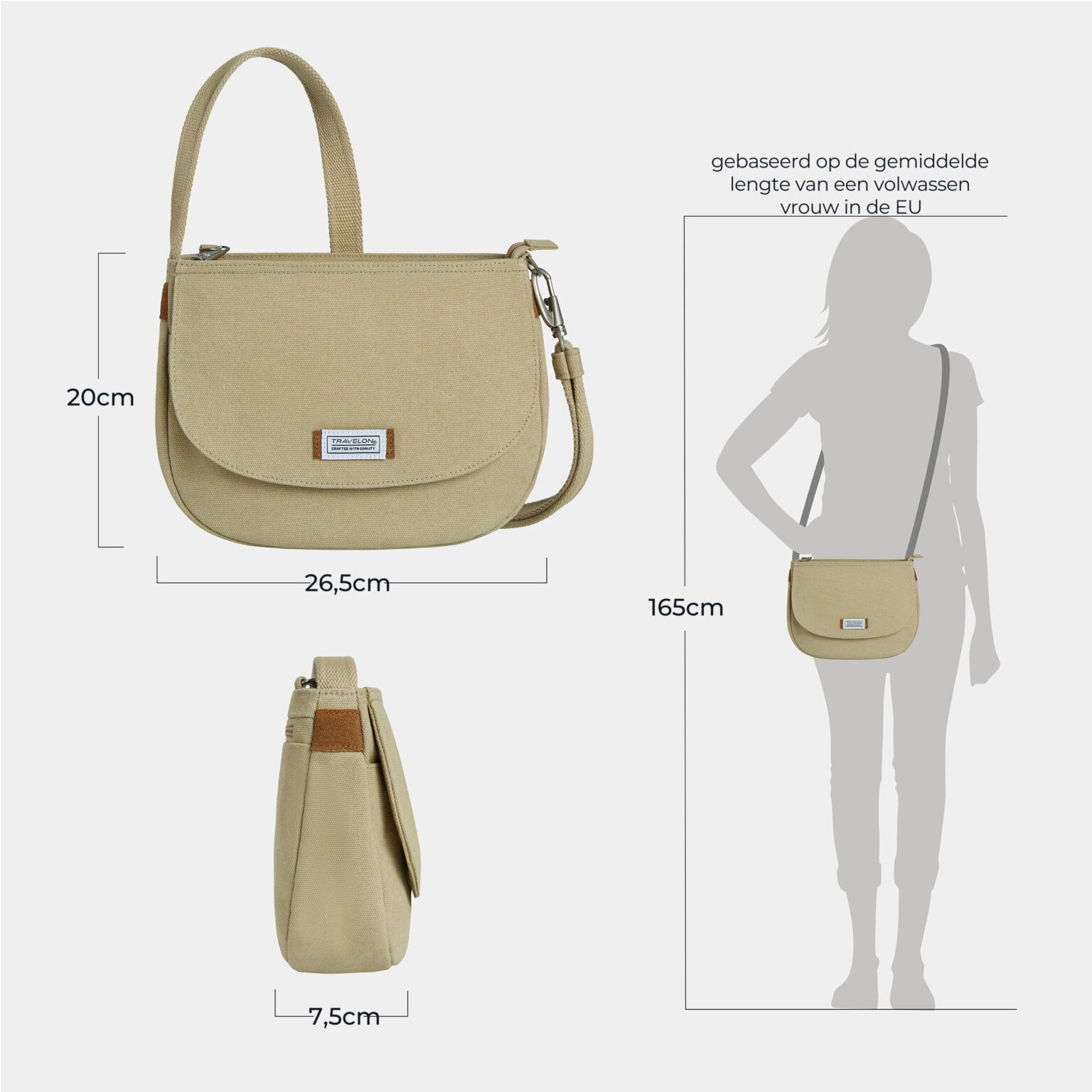 Maattekening van de Travelon Heritage Saddle Crossbody Tas met de afmetingen in centimeters