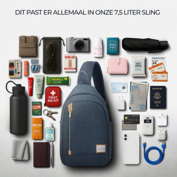 Overzicht van alles wat in de 7,5 liter Travelon Heritage sling past