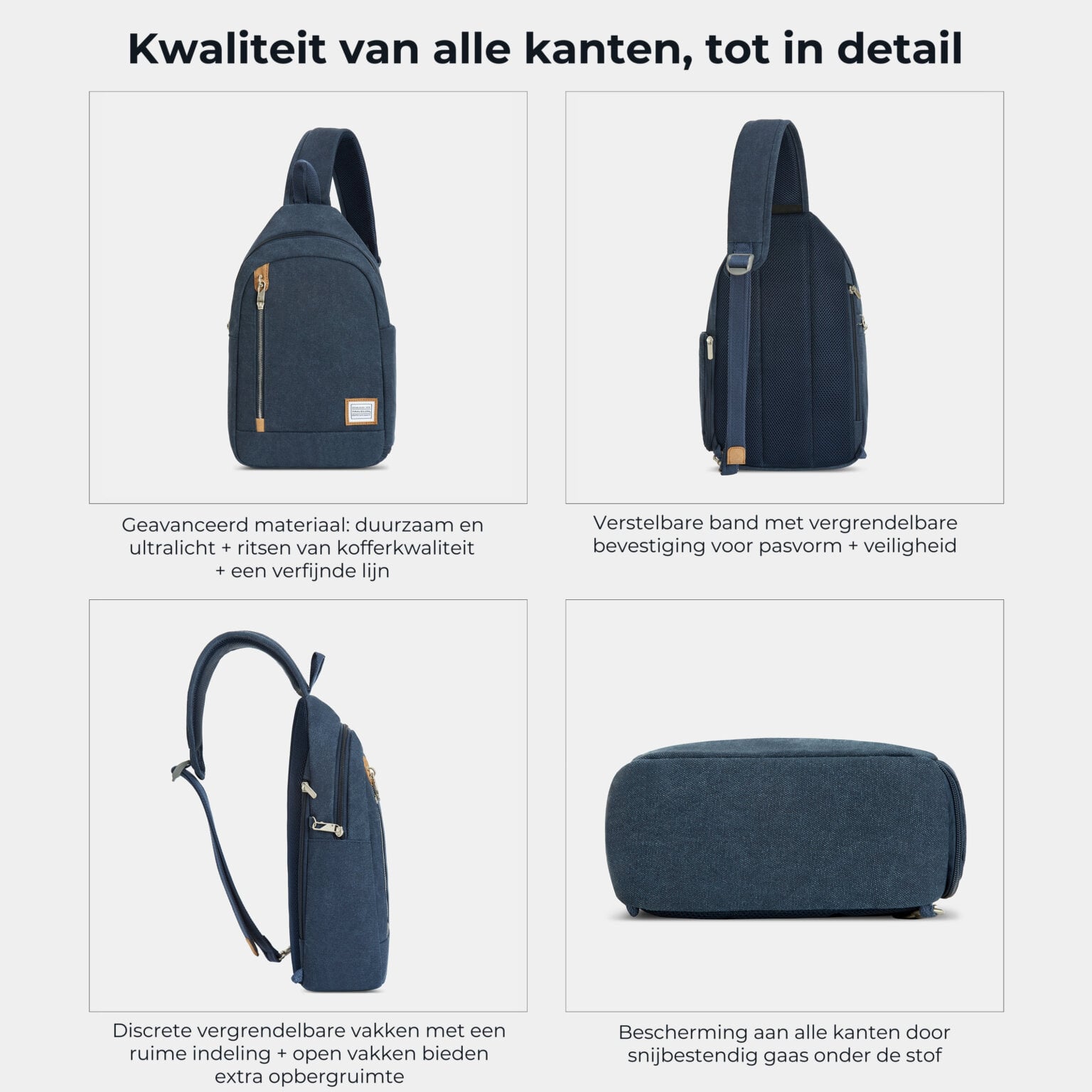 Kwaliteit en details van de Travelon Heritage sling van alle kanten