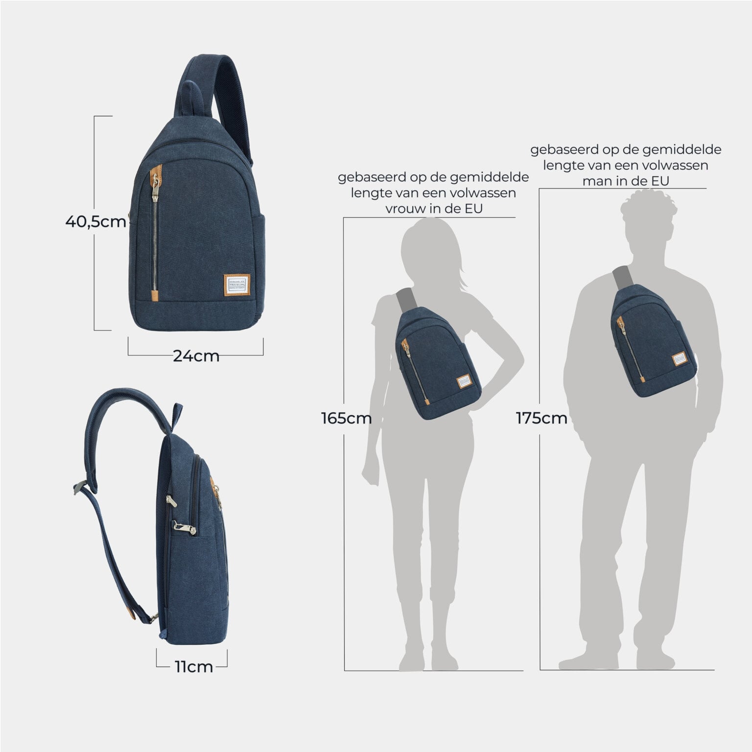 Maattekening van de Travelon Heritage Sling met de afmetingen in centimeters