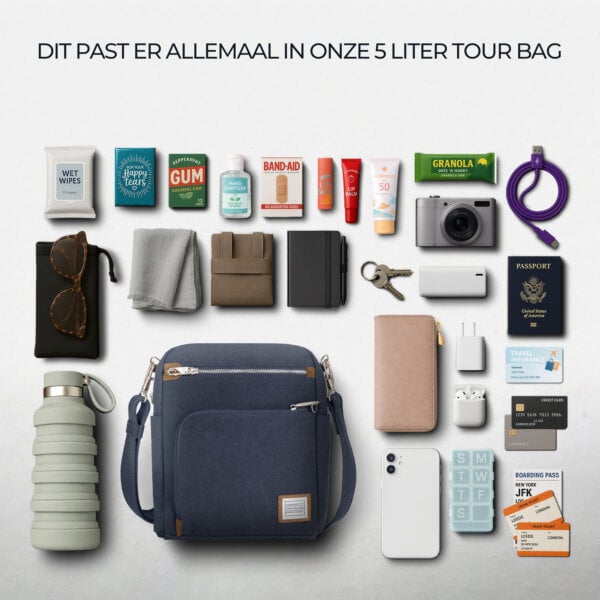 Overzicht van alles wat in de 5 liter Travelon Heritage tour bag past