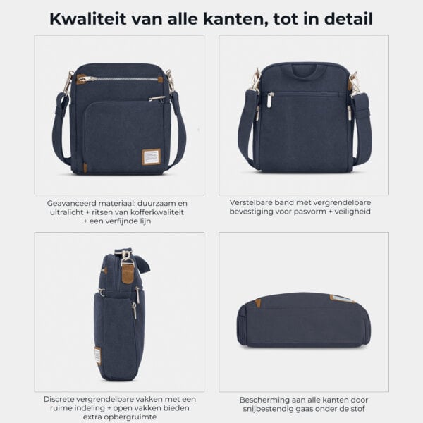 Kwaliteit en details van de Travelon Heritage tour bag van alle kanten