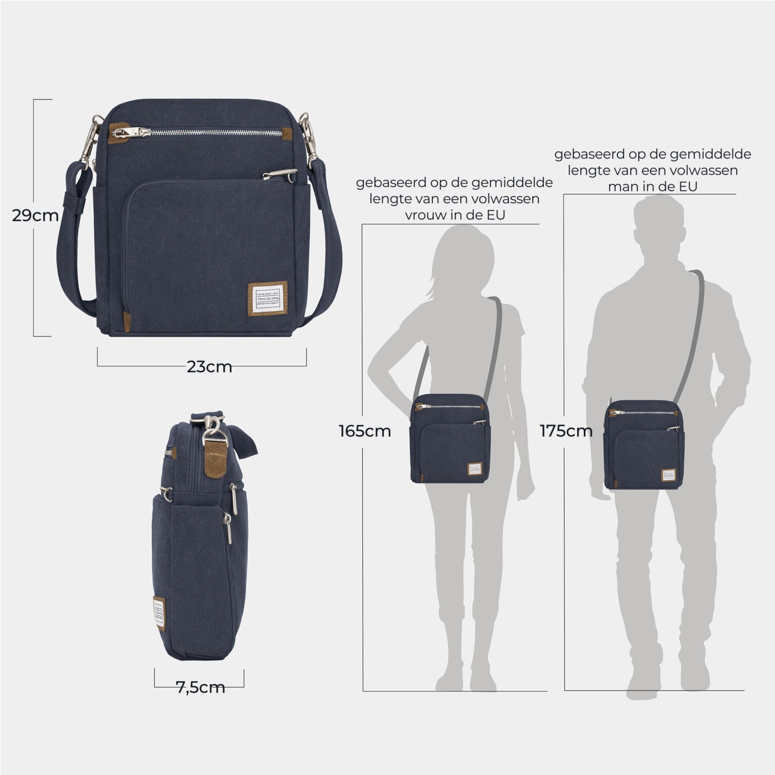 Maattekening van de Travelon Heritage Tour Bag met de afmetingen in centimeters