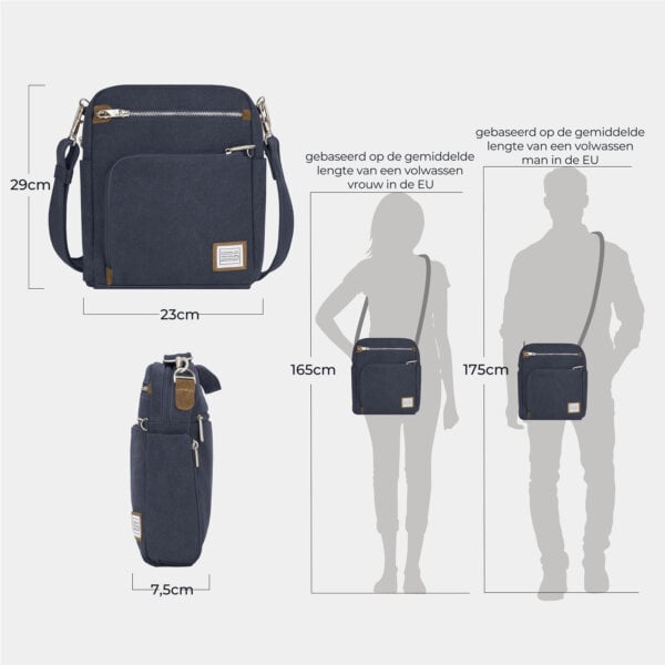 Maattekening van de Travelon Heritage Tour Bag met de afmetingen in centimeters