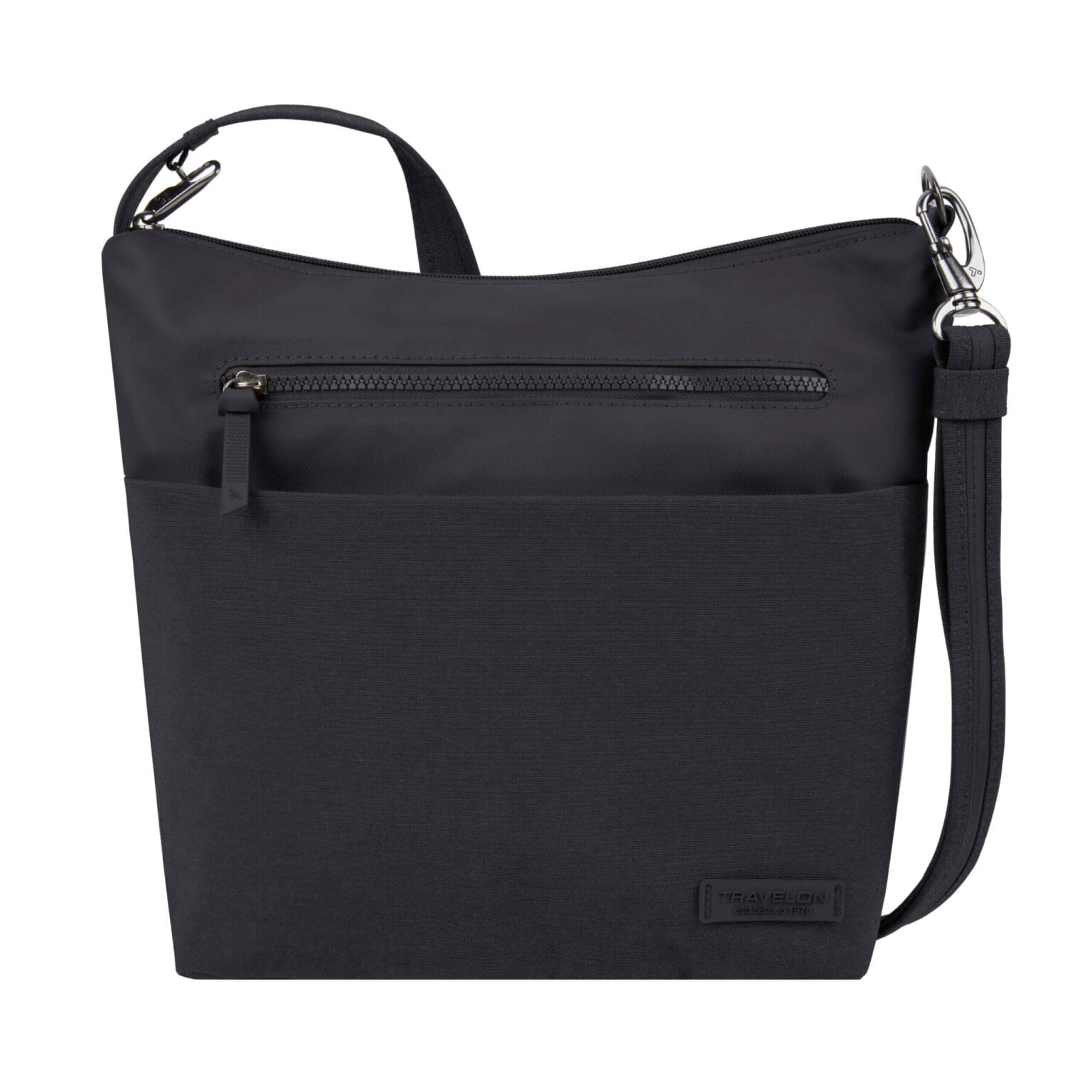 Travelon Metro Crossbody M in zwart, vooraanzicht met schouderband
