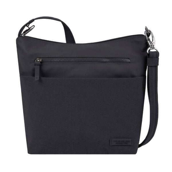 Travelon Metro Crossbody M in zwart, vooraanzicht met schouderband