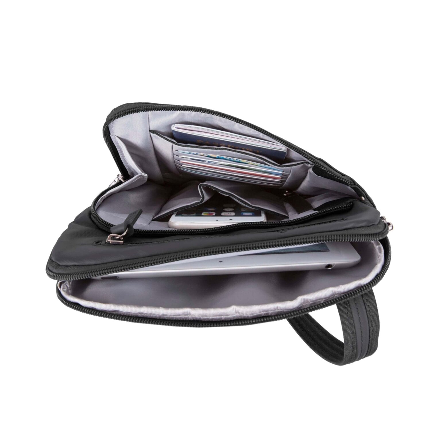 Travelon Metro Crossbody S open met pasjes en telefoon