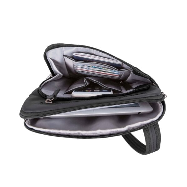 Travelon Metro Crossbody S open met pasjes en telefoon