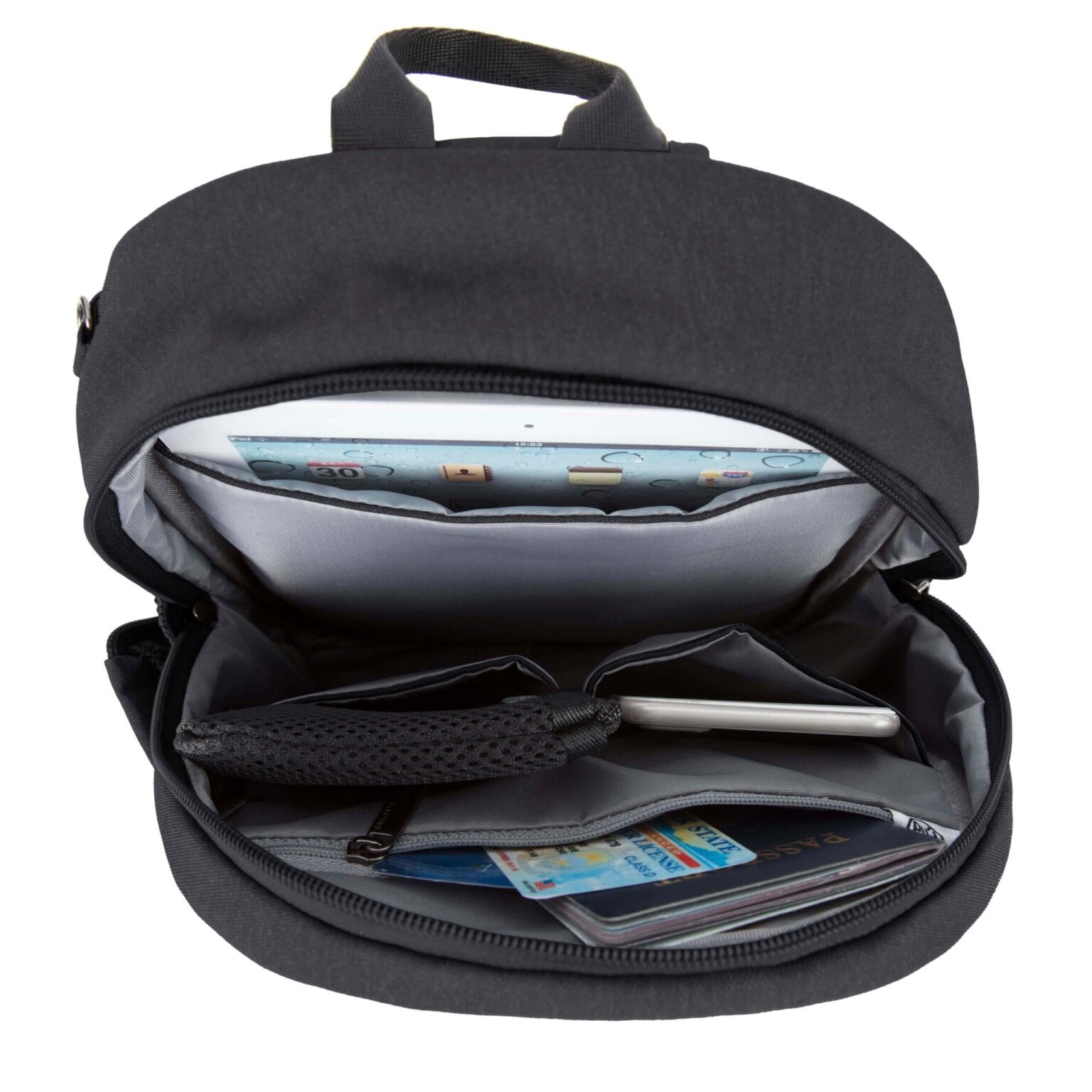 Hoofdvak van de Travelon Metro Sling Bag met tablet en pasjes