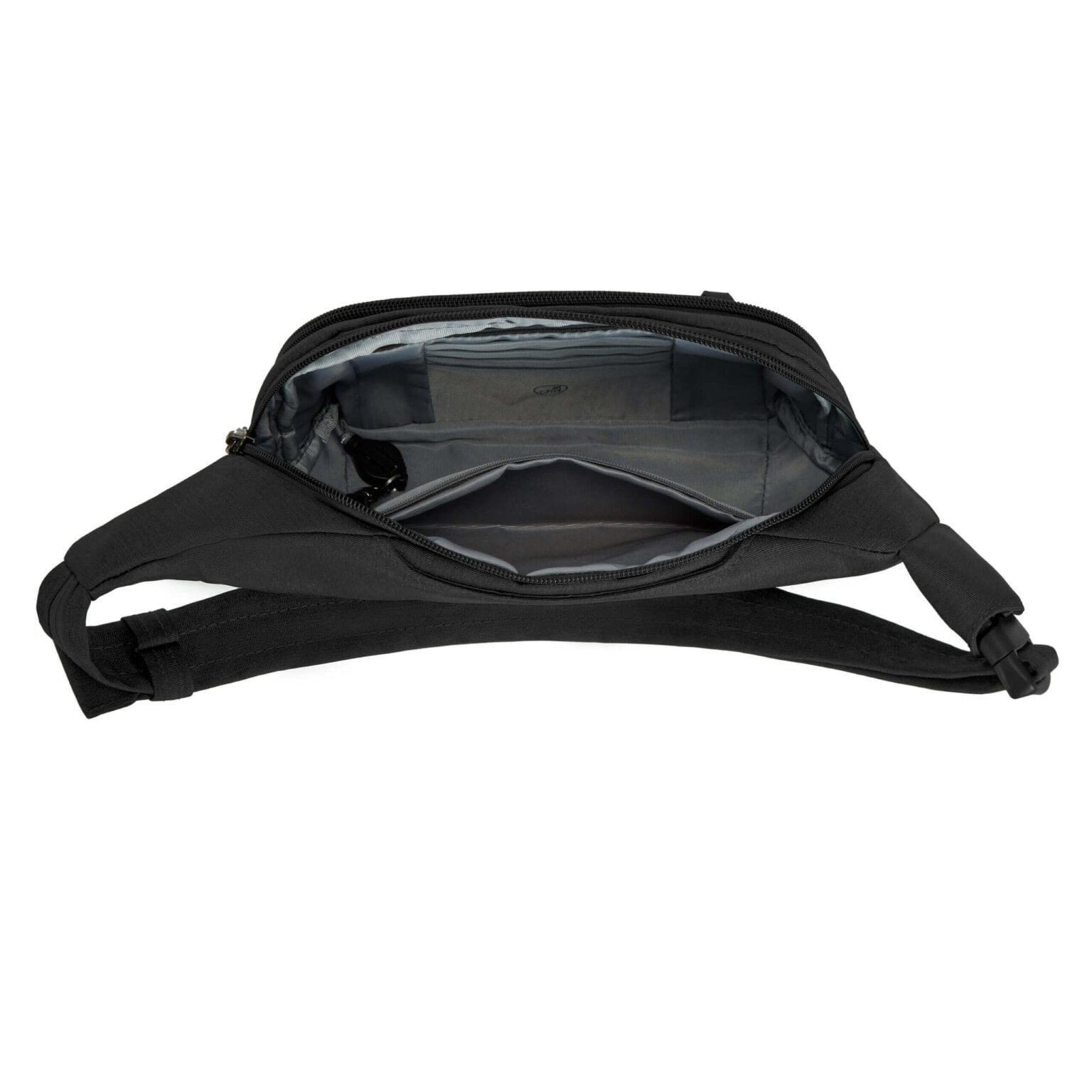 Binnenkant van de Travelon Metro Waistpack met de vakindeling