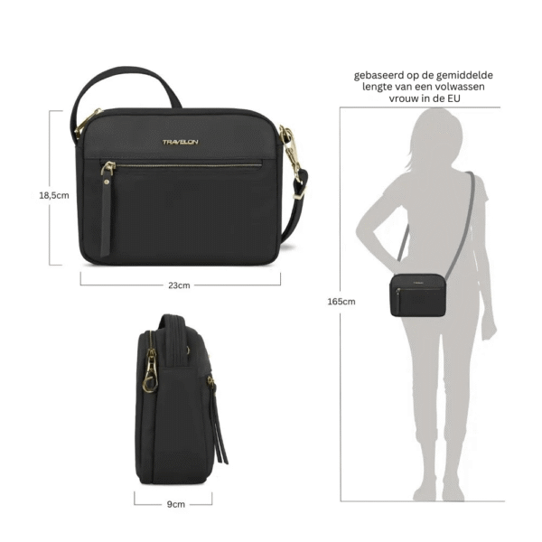 Maattekening van de Travelon Addison S crossbody tas in zwart met de afmetingen in centimeters