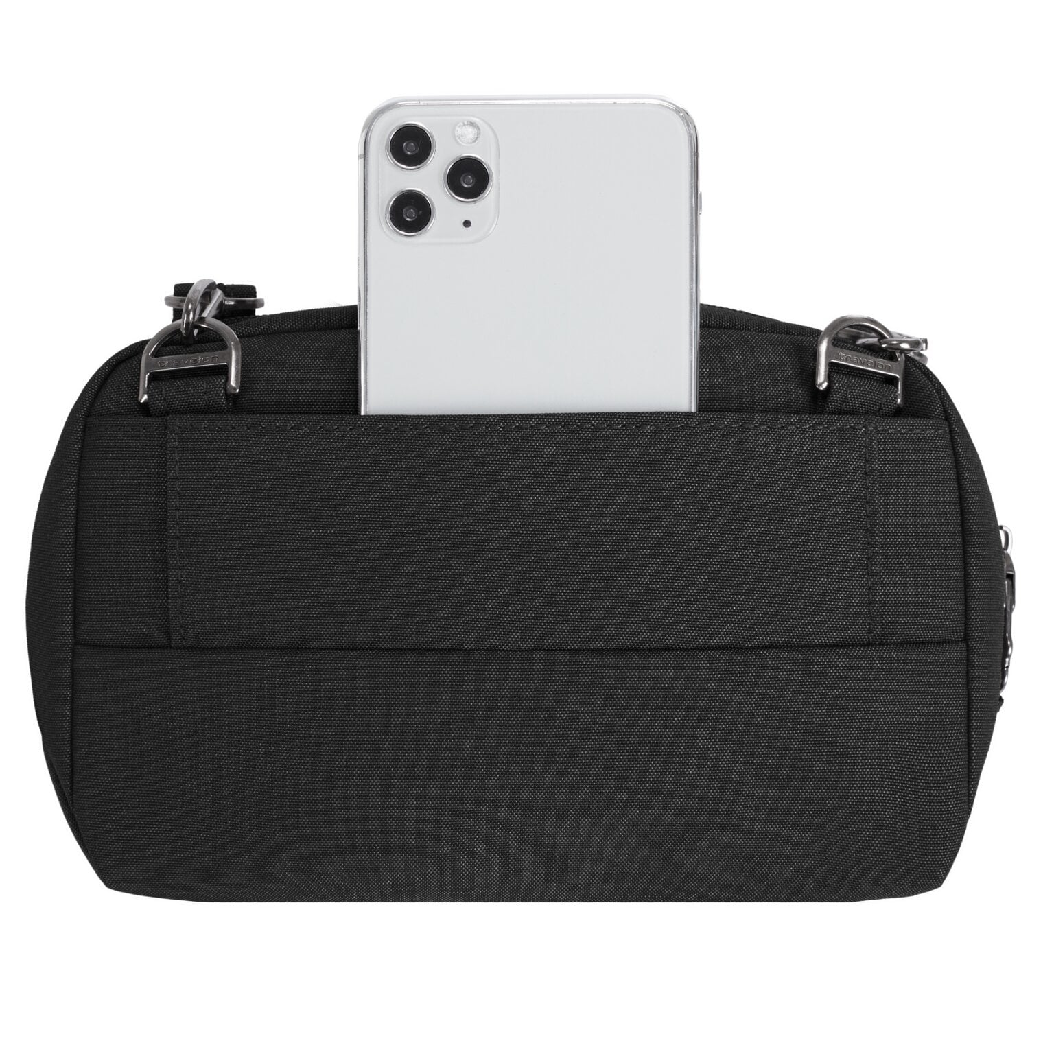 Telefoon in het achtervak van de Travelon Metro Convertible Crossbody