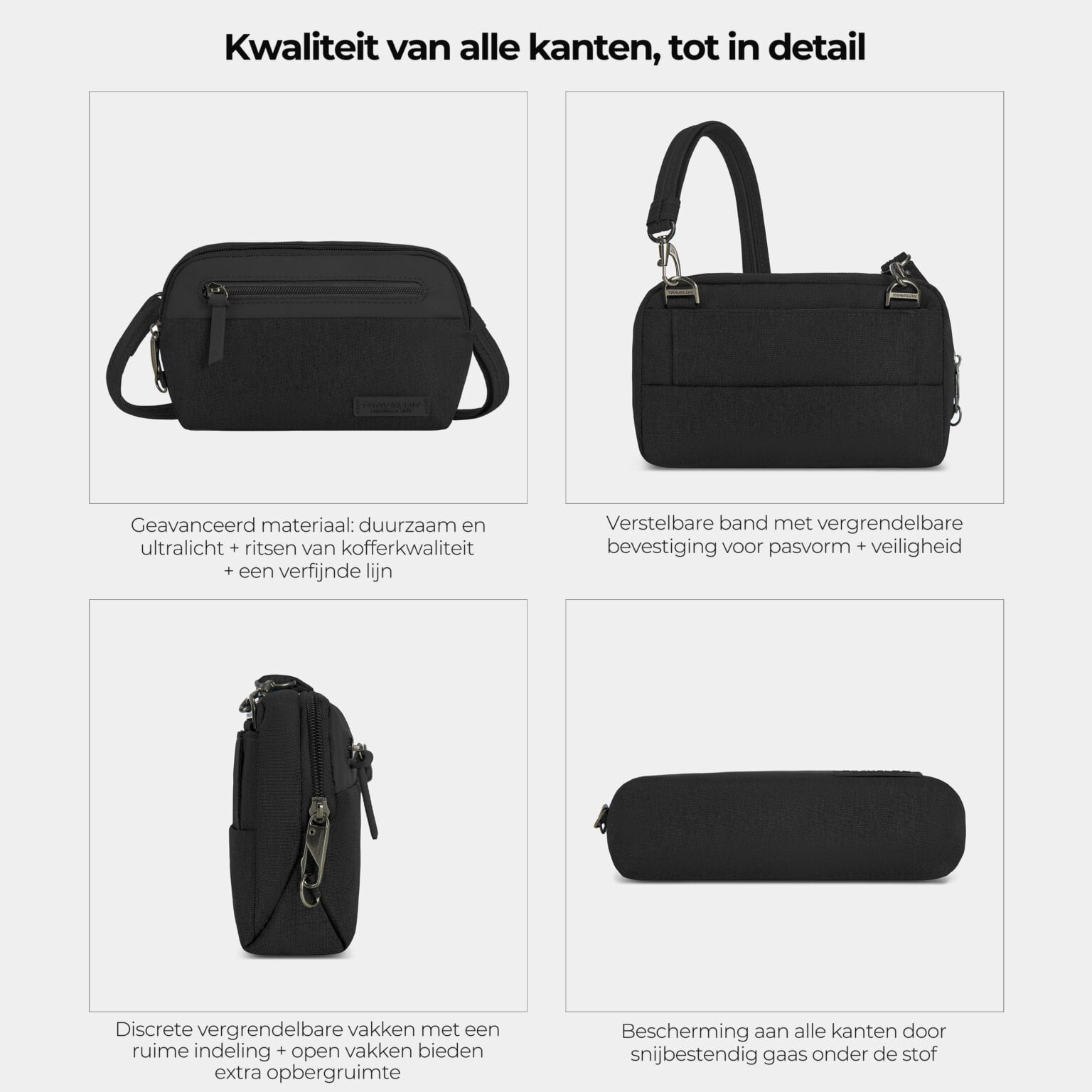 Kwaliteit en details van de Travelon Metro Convertible Crossbody van alle kanten