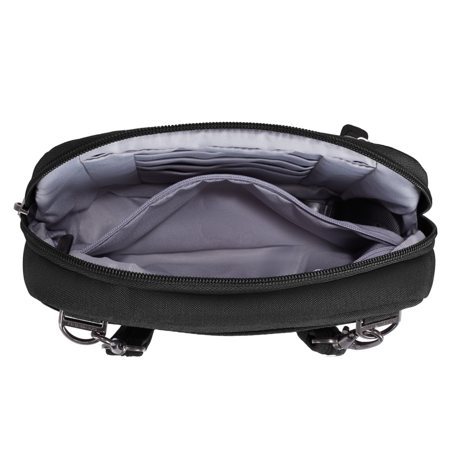Travelon Metro Convertible Crossbody open met zicht op de vakindeling