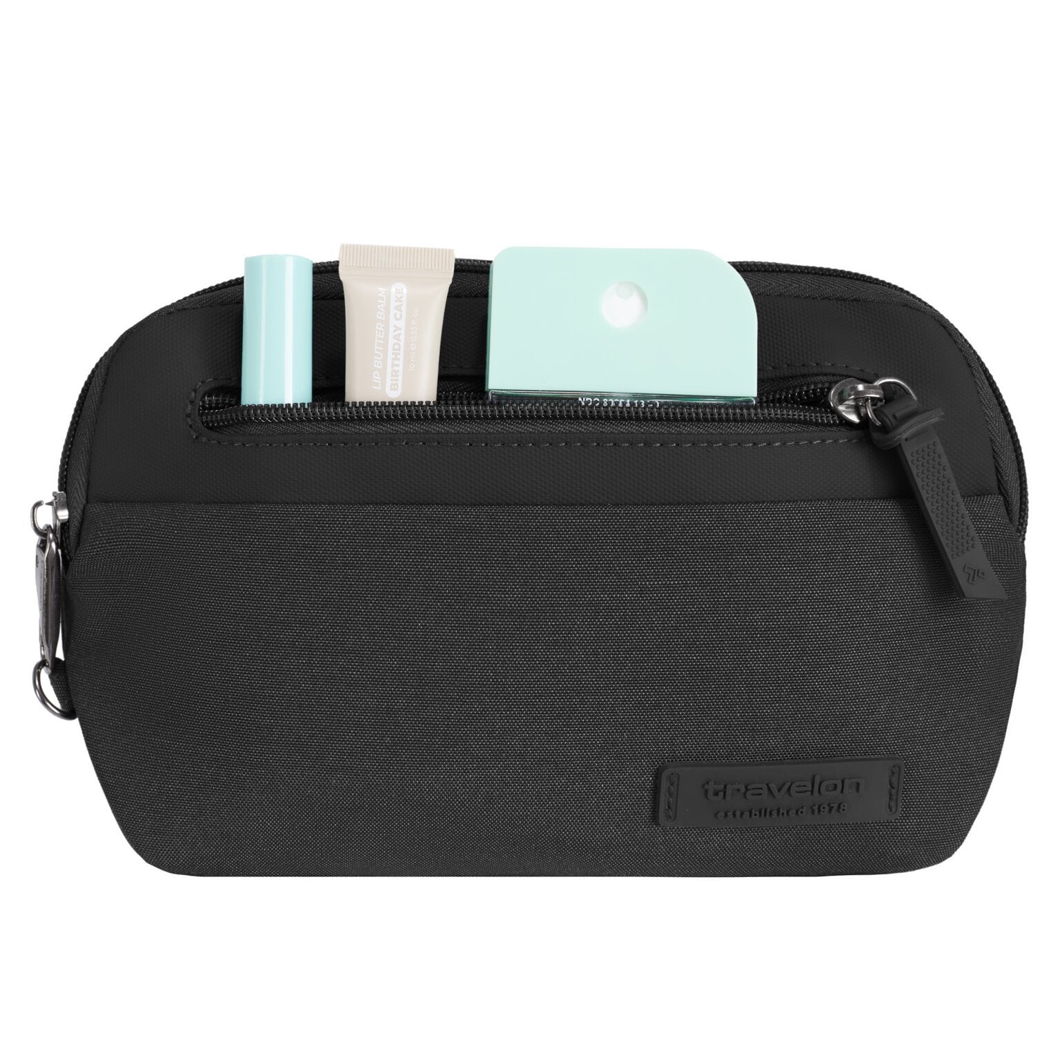 Voorvak van de Travelon Metro Convertible Crossbody met pasjes en cosmetica