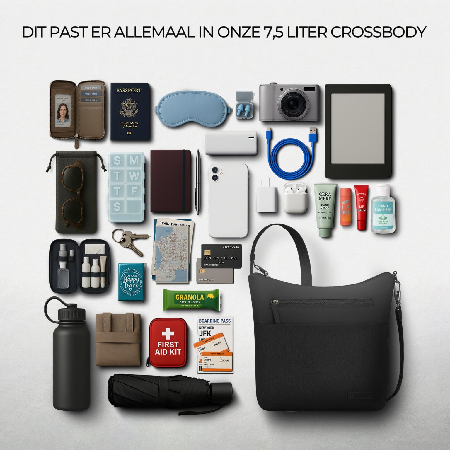 Overzicht van alles wat in de 7,5 liter Travelon Metro Crossbody M past
