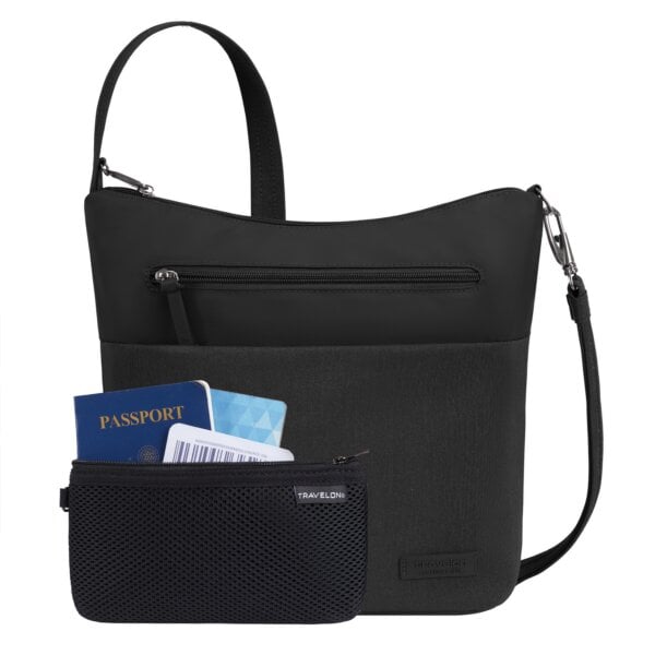 Travelon Metro Crossbody M met het meegeleverde RFID-etui en paspoort