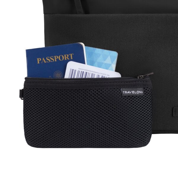 Meegeleverd RFID-etui van de Travelon Metro Crossbody M met paspoort en instapkaart