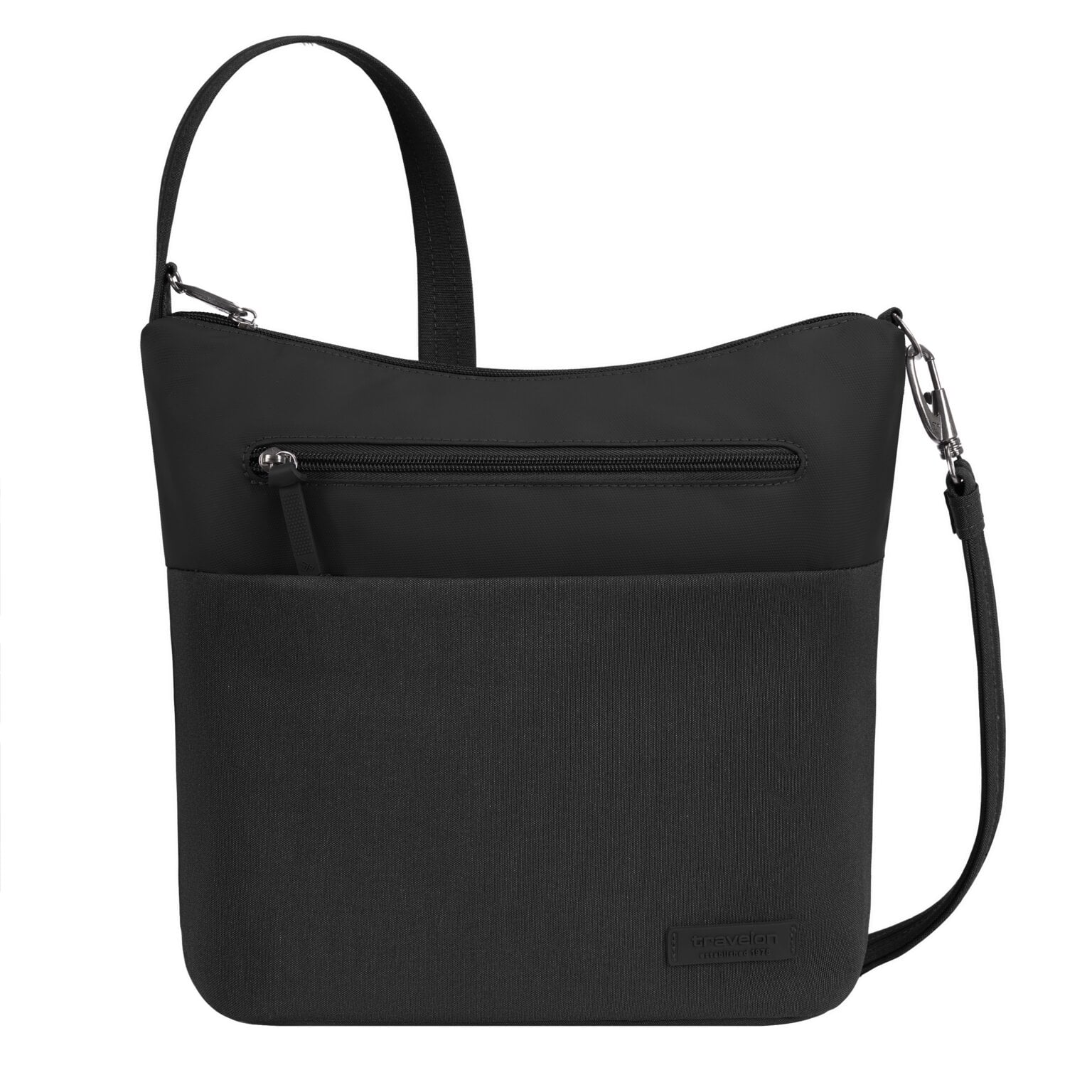Travelon Metro Crossbody M in zwart, vooraanzicht met schouderband