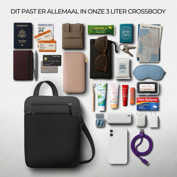 Overzicht van alles wat in de 3 liter Travelon Metro Crossbody S past