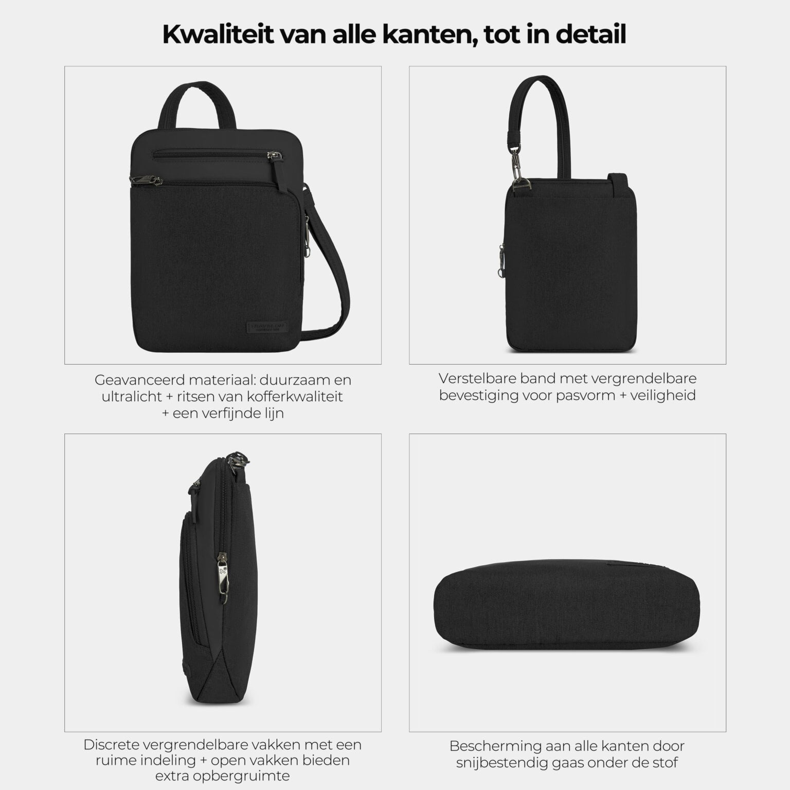 Kwaliteit en details van de Travelon Metro Crossbody S van alle kanten