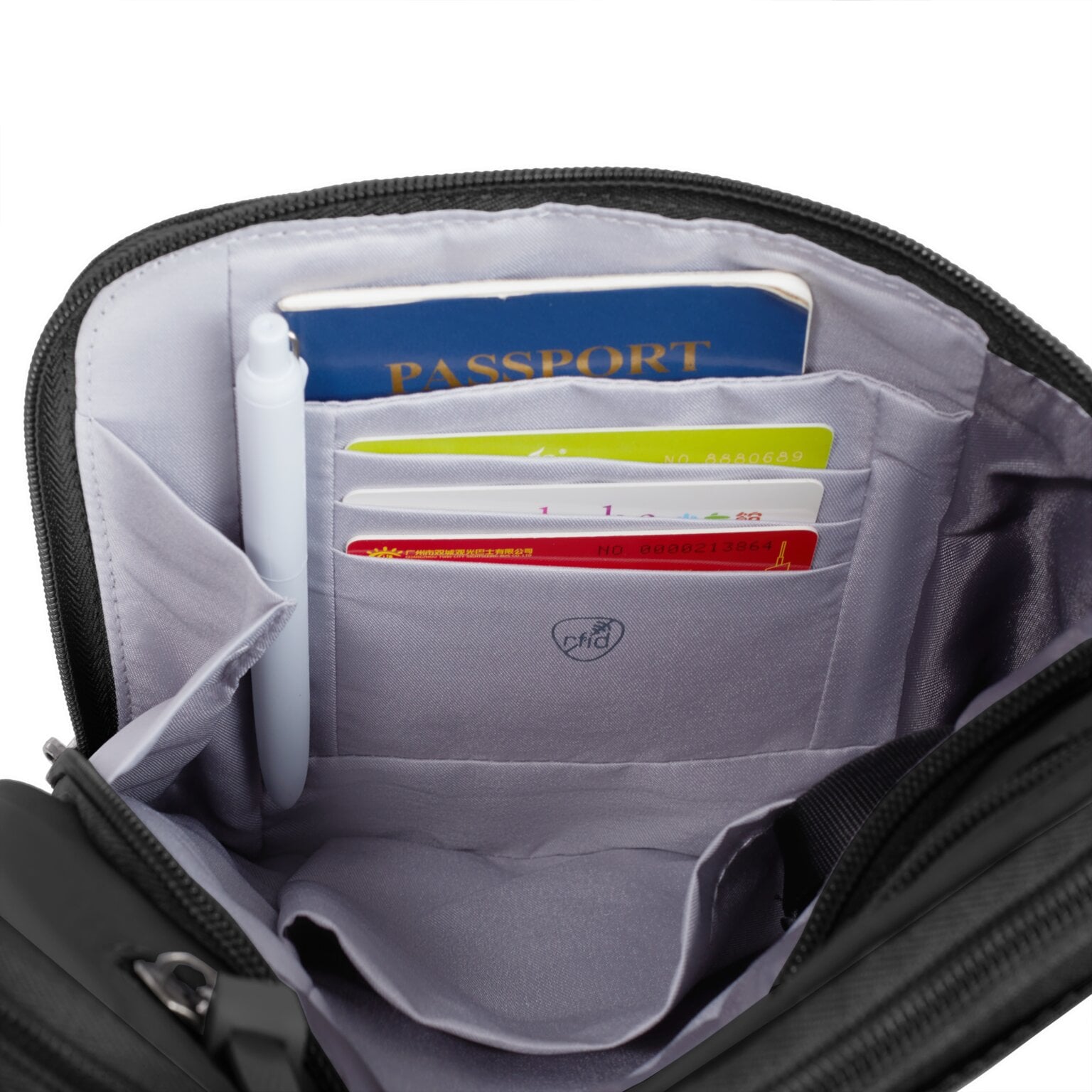 RFID-beschermde vakken van de Travelon Metro Crossbody S met paspoort en pasjes