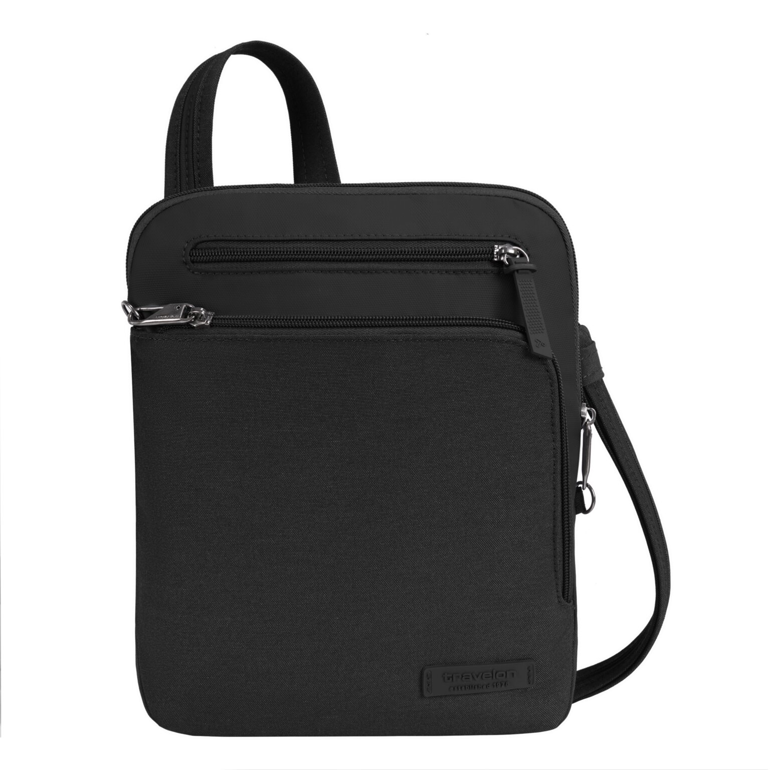 Travelon Metro Crossbody S in zwart, vooraanzicht met schouderband