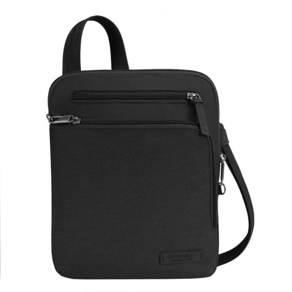 Travelon Metro Crossbody S in zwart, vooraanzicht met schouderband