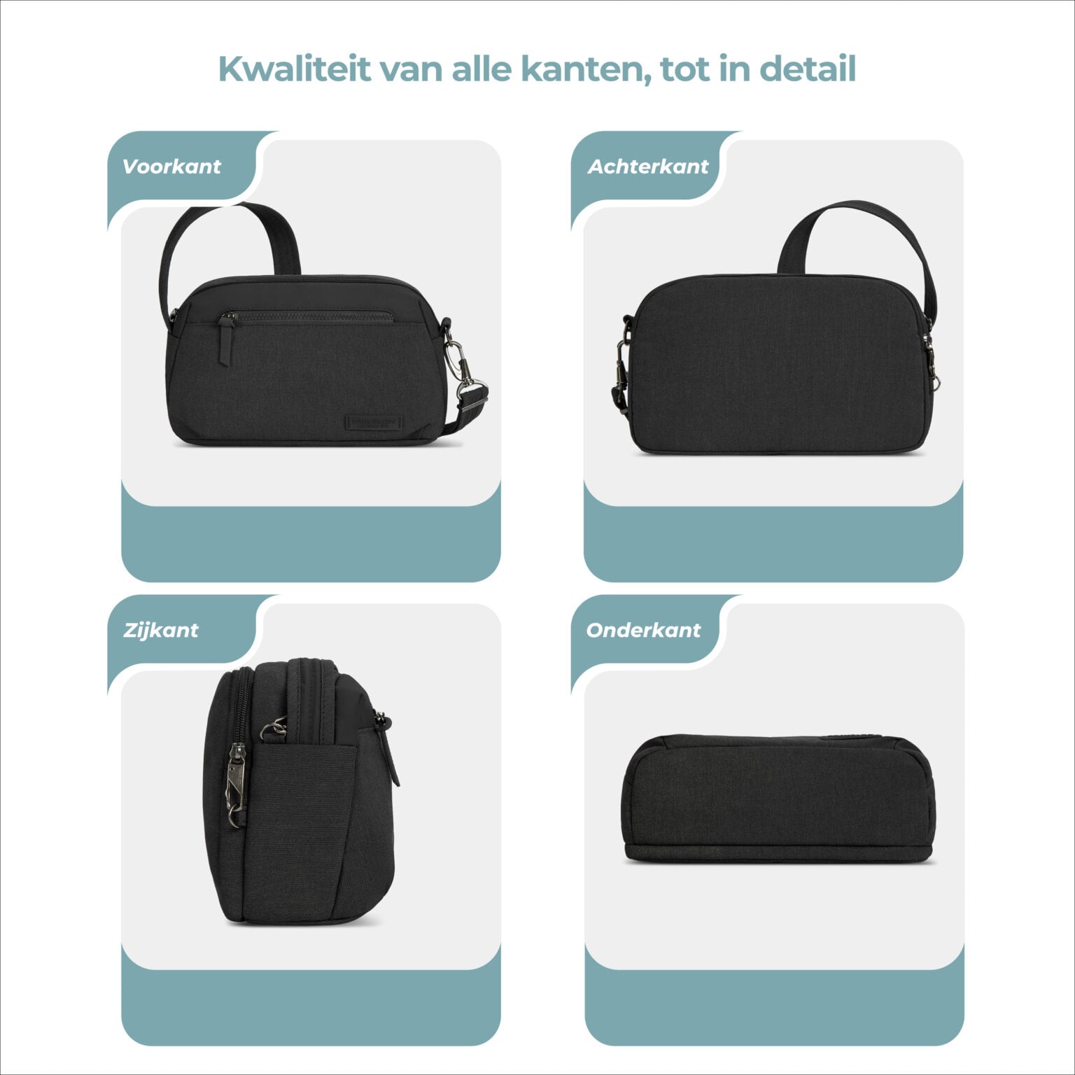 Travelon Metro Dome Crossbody van voor, achter, zij en onder