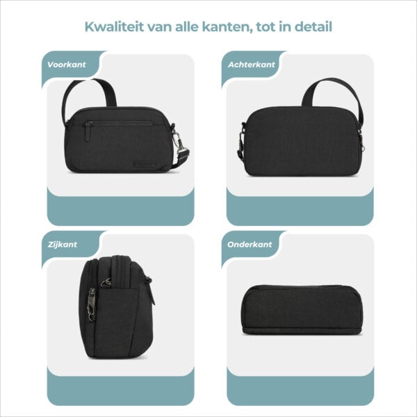 Travelon Metro Dome Crossbody van voor, achter, zij en onder