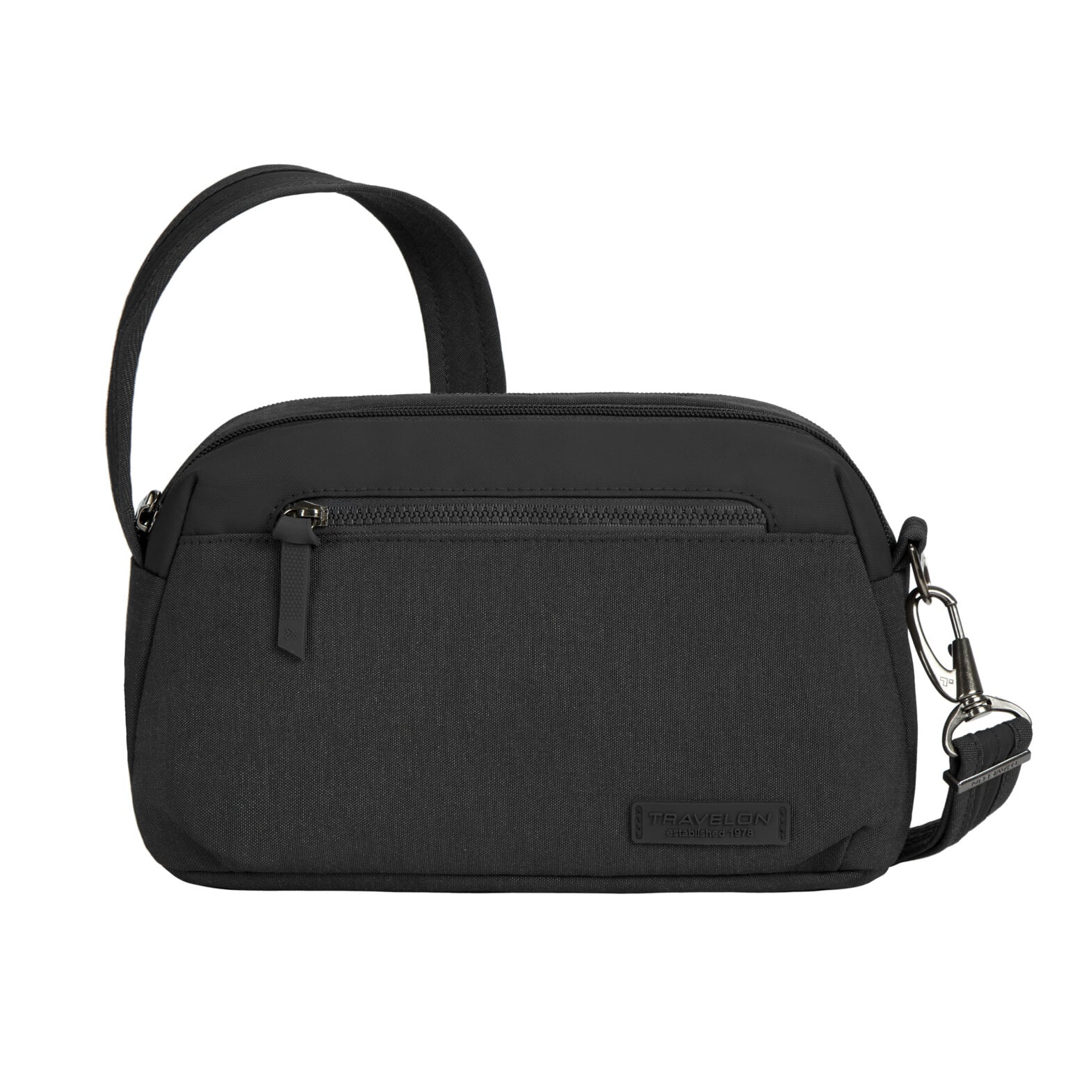Travelon Metro Dome Crossbody in zwart, vooraanzicht met schouderband