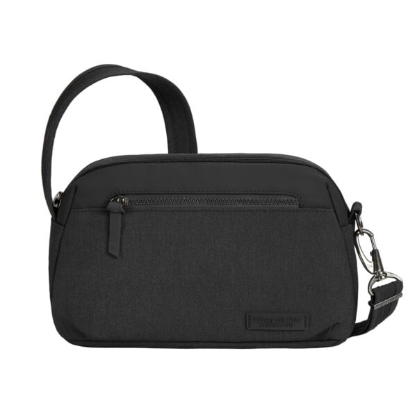 Travelon Metro Dome Crossbody in zwart, vooraanzicht met schouderband