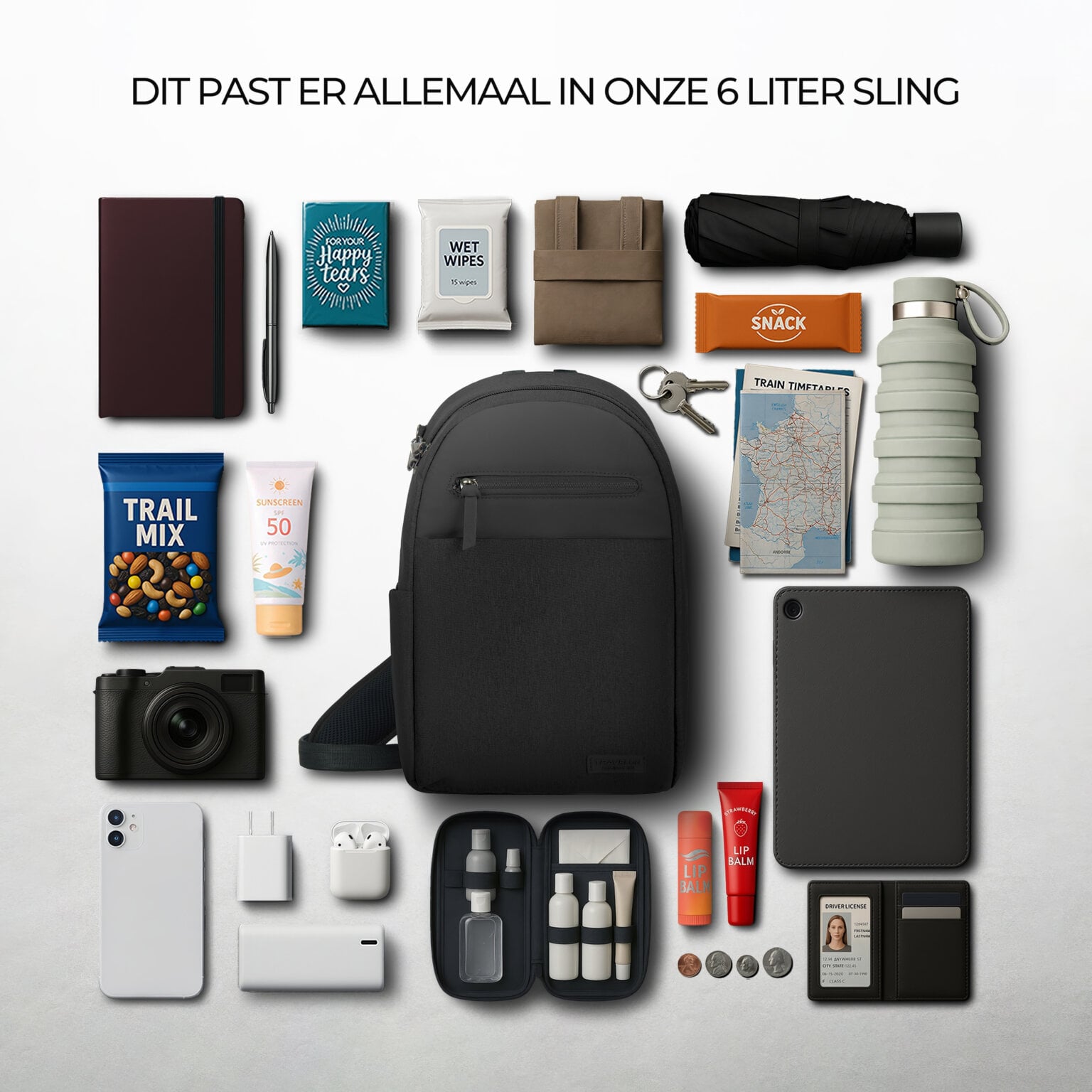 Overzicht van alles wat in de 6 liter Travelon Metro Sling Bag past