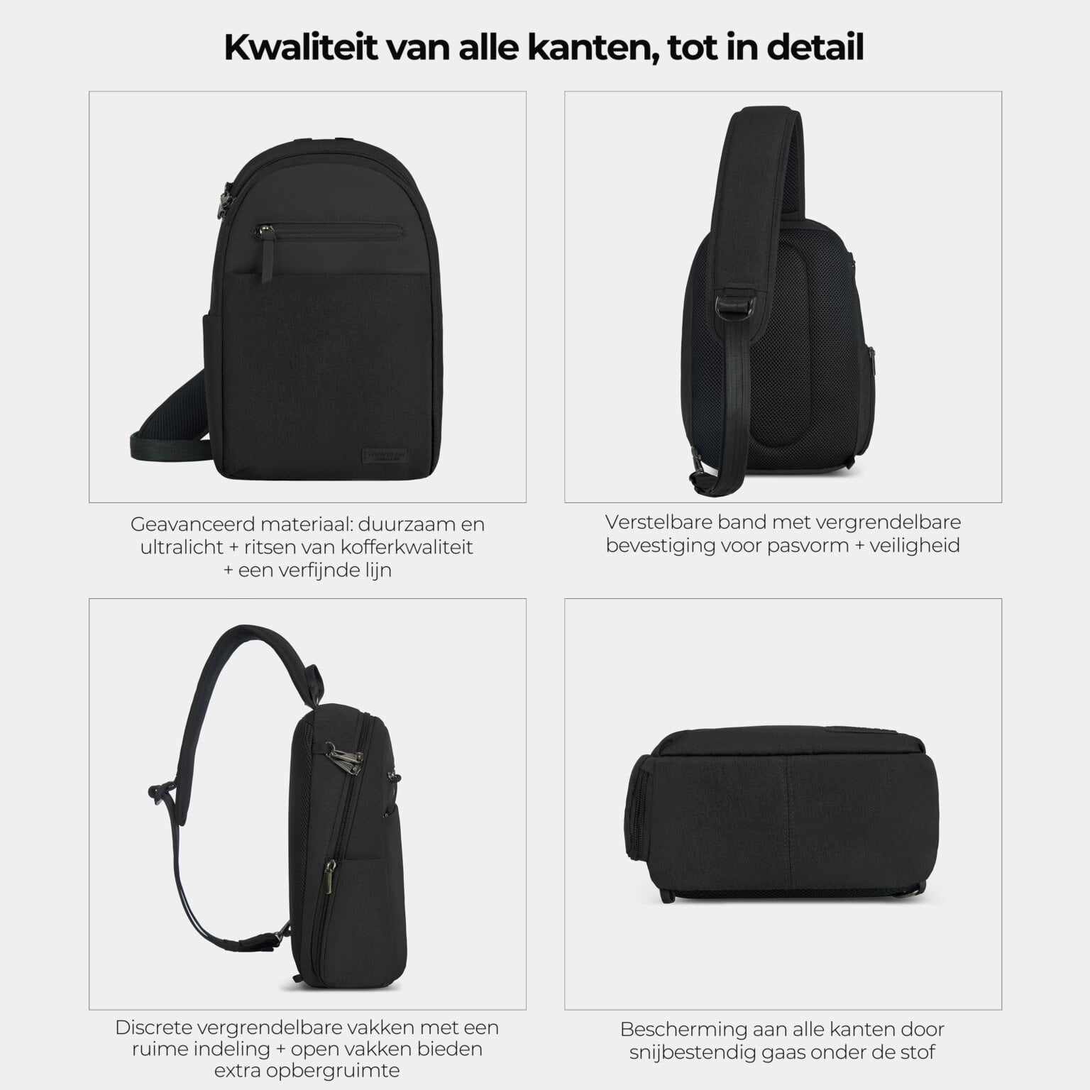 Kwaliteit en details van de Travelon Metro Sling Bag van alle kanten