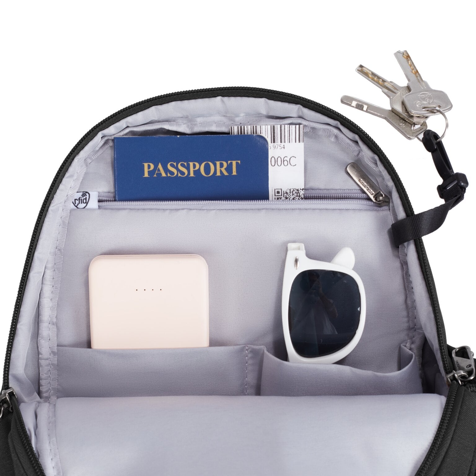 RFID-beschermd vak van de Travelon Metro Sling Bag met paspoort en powerbank
