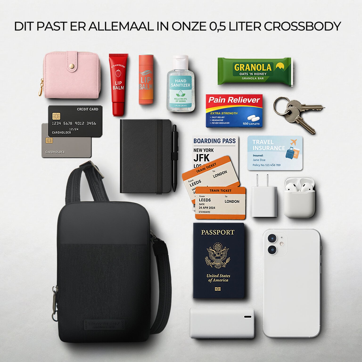 Overzicht van alles wat in de 0,5 liter Travelon Metro Stadium Mini past